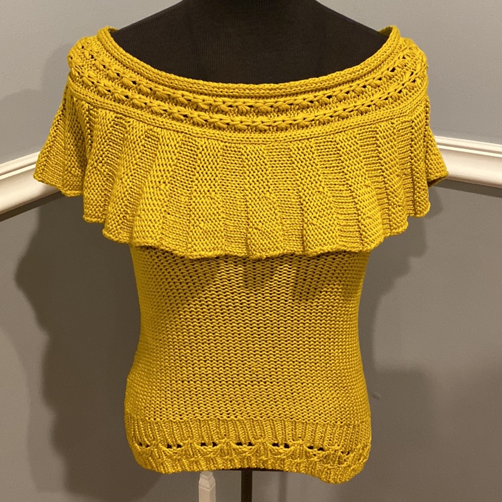 Anthropologie Yellow Off-Shoulder Ruffle Knit Top - Picture 4 of 8